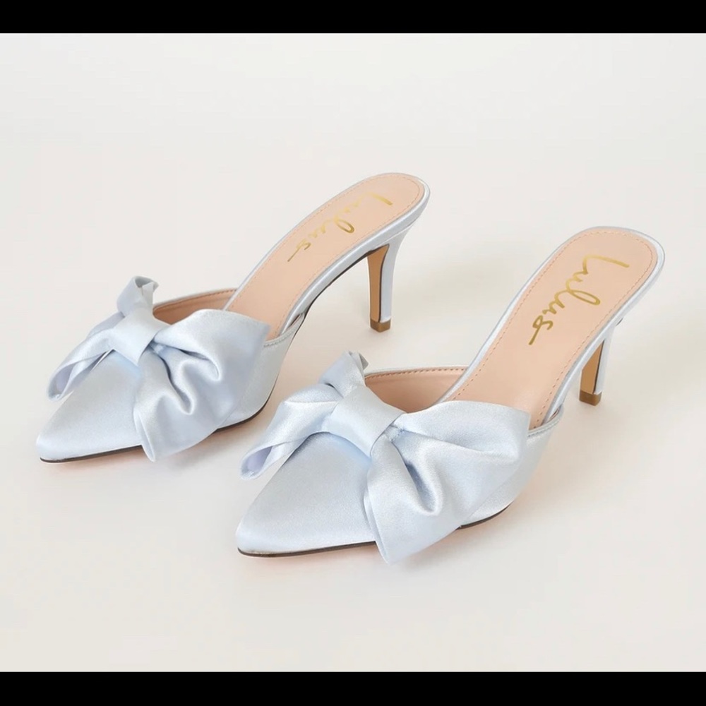 Lulus Lyle Light blue satin pointed- toe mules. Never worn before, brand new!